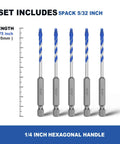 5 Pack 0.15625 Inch Diameter 3.75 Inch Masonry Drill Bits With Hex Shank For Tile Concrete Brick Cement Granite Glass And Porcelain Water Cooled For High Hardness Materials Heavy Duty Pro Grade displayed in set with ruler