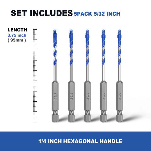 5 Pack 0.15625 Inch Diameter 3.75 Inch Masonry Drill Bits With Hex Shank For Tile Concrete Brick Cement Granite Glass And Porcelain Water Cooled For High Hardness Materials Heavy Duty Pro Grade displayed in set with ruler