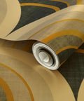 Top Shelf Gold Metallic Scallop Wallpaper For Fresh Room Glow Ups, Eco Friendly Paste The Wall Accent, Premium Textured Interior Refresh, Made In Usa Wall Covering, Class A Fire Rated Slick Finish, showing rolled wallpaper with gold and dark patterns.