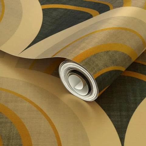 Top Shelf Gold Metallic Scallop Wallpaper For Fresh Room Glow Ups, Eco Friendly Paste The Wall Accent, Premium Textured Interior Refresh, Made In Usa Wall Covering, Class A Fire Rated Slick Finish, showing rolled wallpaper with gold and dark patterns.