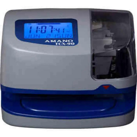 Straight Up Foolproof Electronic Time Recorder With Automatic Time And Date Stamp For Office Staff Attendance Ready To Roll Built Tough No Nonsense Workforce Tracking Essential in gray and blue.