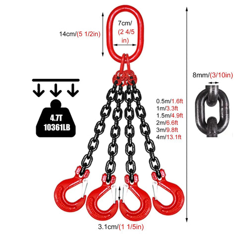 Rock Solid G80 Mn Steel Four Leg Lift Chain With Grab Hooks And Lifting Rings, Heavy Duty Pro Workhorse Sling Built To Handle The Daily Grind On Forklift Hoists And Cranes