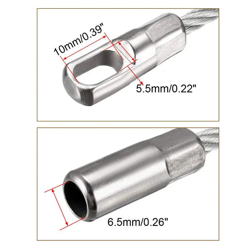 5 Pack 6 Inch Flexible Fish Tape Replacement Leader With 4mm Steel Wire Cable end fittings showing measurements for precise use.