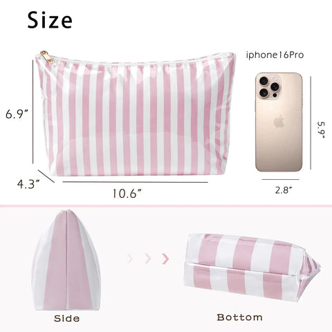 Large PVC Waterproof Striped Makeup Bag Travel Organizer Zipper Pouch For Women And Girls Clear Coated Cosmetic Bag Easy To Clean Beach Vacation Essential 10.6 X 4.3 X 6.9 Inches Pink Stripe with iPhone for scale