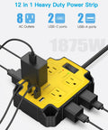 Magnetic Heavy Duty Power Strip With Eight Outlets And A 6.5 Foot Extension Cord Mountable On Metal Surfaces For Wall Or Workbench Use Wide Spaced 3 Sided Design Keeps Big Adapters Accessible. 8-outlet strip with 2 USB-C and 2 USB-A ports