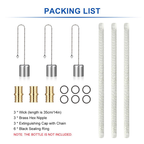 Wine Bottle Torch Wick Kit 3 Pack For Outdoor Lighting And DIY Torch Decor Easy Continuous Burn Wicks For Garden Patio Backyard Torches Oil Lamp Replacement Wick Hardware; includes three 14-inch wicks, brass mounts, and covers.