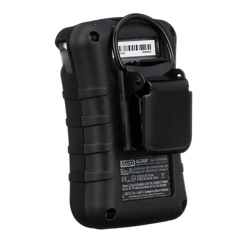 Back view of Single Gas Detector For Oxygen O2 Range 19.52% To 23.0%, Portable Handheld Monitor with clip and label visible