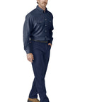 Men's CAT2 Flame Resistant Cool Touch Dress Shirt Navy X Large With NFPA Compliant Arc Rating worn by a man with dual chest pockets.