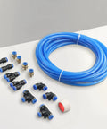 Rock Solid PU Pneumatic Air Hose Kit 6mm OD 4mm ID 10m Length With Connector Elbows Joints For Air Tools Machining Yard Work No Crease Flow Design For Easy Install Works Like A Charm Any Time At Your Shop Or Garage Anywhere. Blue PU hose kit with fittings