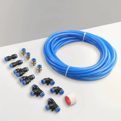 Rock Solid PU Pneumatic Air Hose Kit 6mm OD 4mm ID 10m Length With Connector Elbows Joints For Air Tools Machining Yard Work No Crease Flow Design For Easy Install Works Like A Charm Any Time At Your Shop Or Garage Anywhere. Blue PU hose kit with fittings