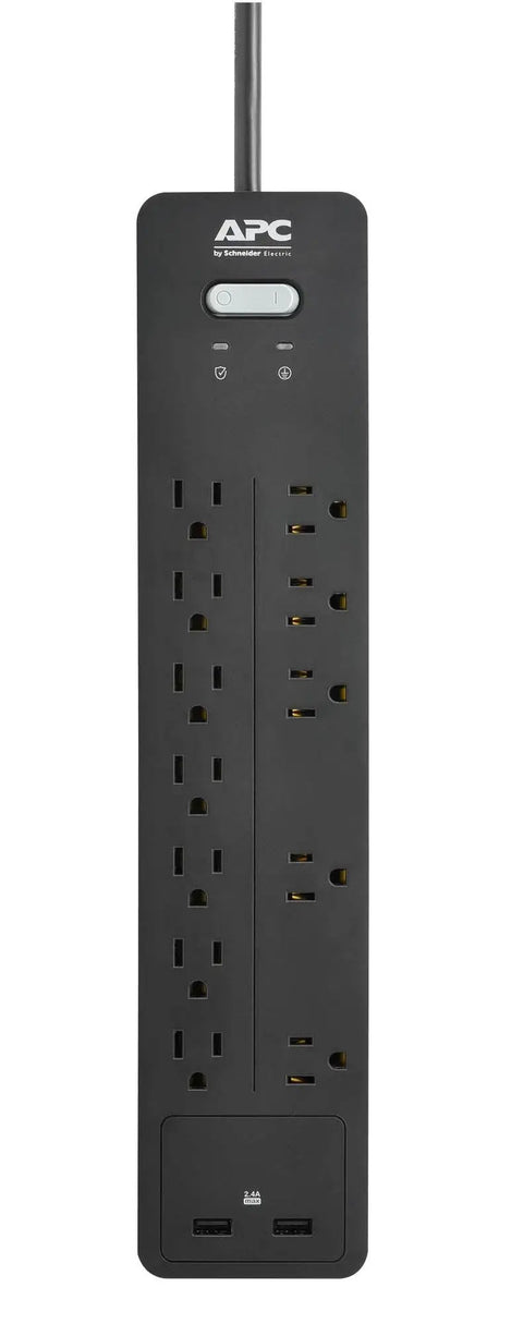 Black surge protector power strip with USB ports, 12 outlets, 2160 Joules, 6-foot cord, 90-degree plug, flat design for home office use.