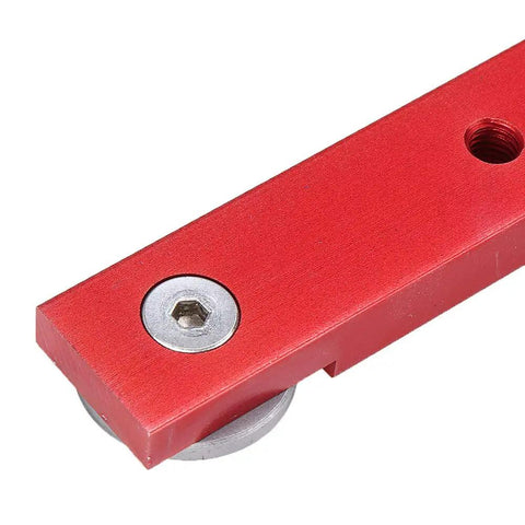 Close-up of Rock Solid Aluminum Miter Bar Slider for Table Saw and Router Table with stainless steel runner and universal mounting hole.