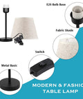 Two Pack Bedside Table Lamps Set for Bedroom and Living Room showing components: fabric shade, E26 base, silver finish base, switch
