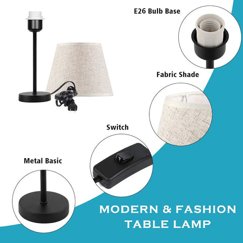Two Pack Bedside Table Lamps Set for Bedroom and Living Room showing components: fabric shade, E26 base, silver finish base, switch