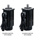 Front view of two servo motors with brakes, 80ST and 90ST models, black ribbed housings with cables attached.