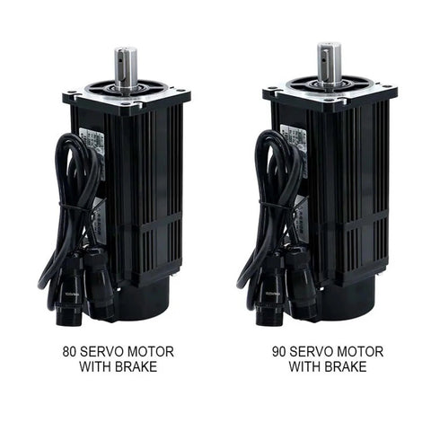 Front view of two servo motors with brakes, 80ST and 90ST models, black ribbed housings with cables attached.