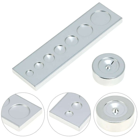 All In One Craft Tool Die Punch Snap Kit Rivet Setter with base, showing multi-size punch holes and setter base, solid metal construction