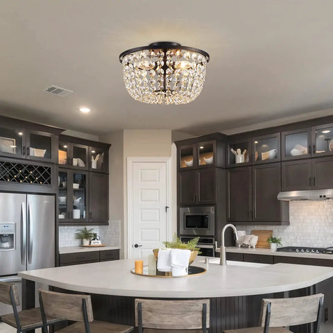 Dope Crystal Chandelier Flush Mount Ceiling Light For Bedroom Hallway Bar Kitchen Bathroom 8.4 In High By 13 In Wide Black Finish