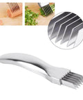 Front view of Amazon stainless steel mandoline slicer with multiple blades and curved handle.