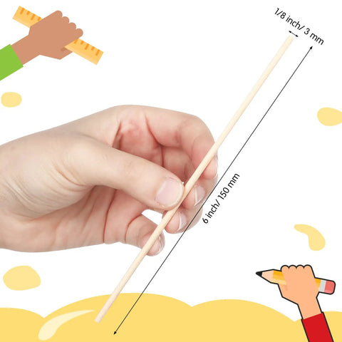 One Hundred Pack Premium Natural Wood Dowel Rods One Eighth By Six Inches Ultra Smooth Round Craft Sticks held in hand for scale.