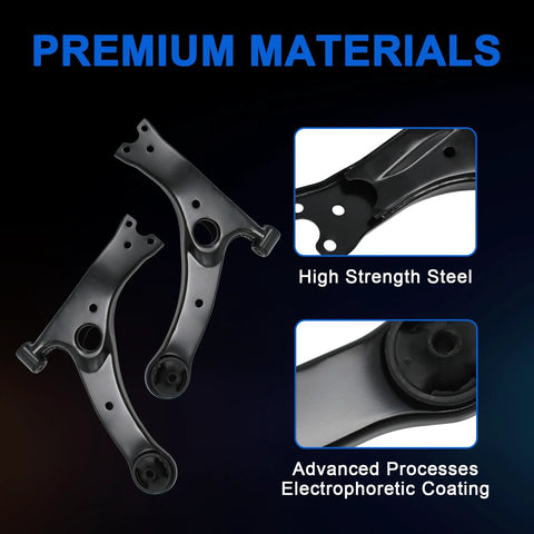 Gariqe 12-piece suspension kit: black high-strength steel lower control arms with ball joints for Toyota Corolla.