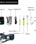 Product accessories for Portable Electric Strapping Machine Kit With Hot Melt Welding Action, including tools and battery.