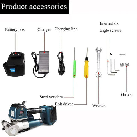 Product accessories for Portable Electric Strapping Machine Kit With Hot Melt Welding Action, including tools and battery.