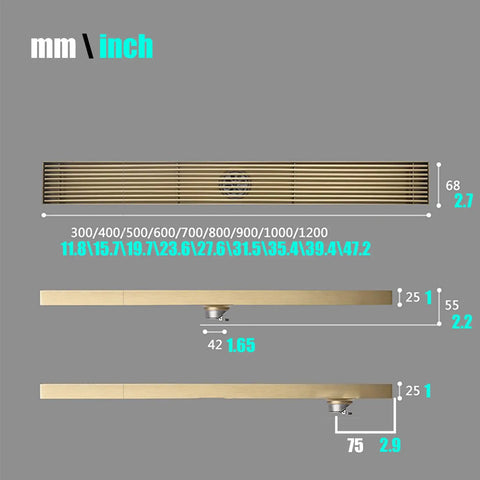 Slick Rectangular Shower Trench Drain With Stainless Steel Grate And Bamboo Hair Strainer displays size and dimensions on a grey background.