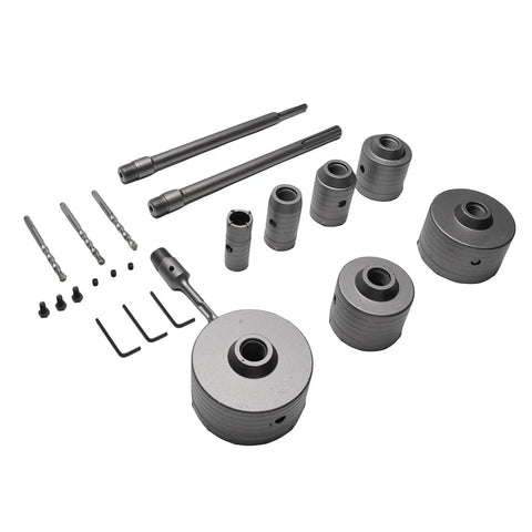 Super Tough Concrete Hole Saw Kit With 7 Pieces Ranging From 30 To 110mm Including Heavy Duty Tungsten Steel Carbide Cutters Plus Three Long Connecting Rods For Electric Hammer Drilling And Smart Dust Removal Vents, 7-piece set