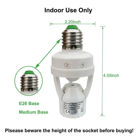 PIR Motion Sensor Light Socket E26 E27 Smart Lamp Holder Adapter 4.55-inch white indoor socket with E26 medium base