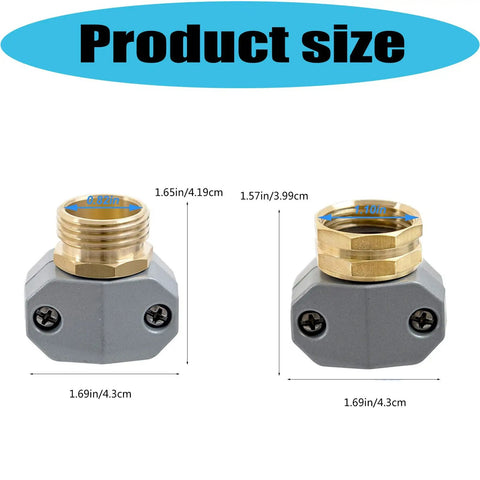 Heavy Duty 3-Pack Garden Hose Repair Kit With Rust Proof Aluminum And Zinc Alloy End Mender For Quick Leak Fixes Fit 5/8 Or 3/4 Hoses Male Female Connector Clamps No More Wasting Money On New Hoses, product size diagram with brass fittings