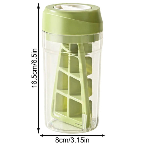 No Sweat Deep Chamber Ice Molds With Spin Top Silicone Lid Crafting Crisp Whiskey Cubes, green ice mold with clear container.