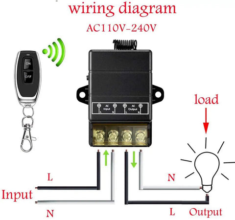 Wiring diagram for Wireless Remote Switch Kit With 40A Relay And RF Control 110V 120V 240V Compatible and remote control.