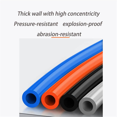 Heavy Duty Spiral Pneumatic Air Hose For Air Compressors Rock Solid Poly Coil Extender Squeeze Proof Shop Grade Daily Driver 6X4MM Black Finish showing thick-walled colored hoses.