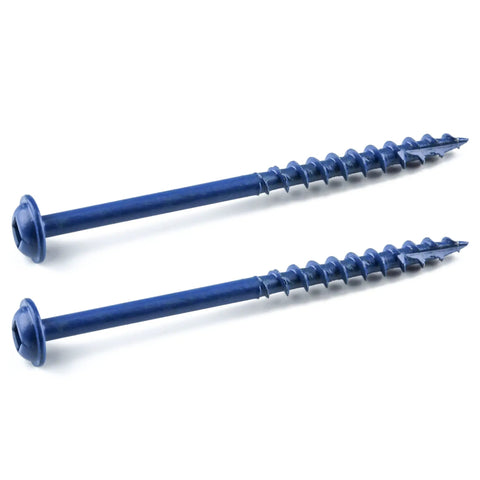 Two Blue-Kote Pocket Hole Screws For Outdoor Woodworking Two And A Half Inch Coarse Thread Maxi Loc Head Weather Resistant visible