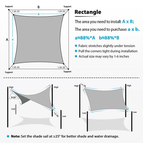 Diagram of Rectangular Shade Sail 16 By 16 Feet Light Gray UV Blocking Sun Shade Canopy installation with notes and dimensions.