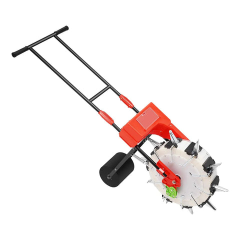 Hand Push Seed Seeder With Ten Seed Openings Portable Roller Planter For Corn Soy Peanut And Soybean 6 Inch Spacing Precision Seeding And Fertilizer Applicator Easy To Use Seed Drill For Field Or Garden showing top view of planter with roller and handle