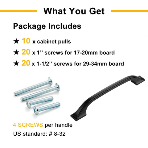 Package contents for Premium Matte Black Cabinet Pulls 3 Inch Center To Center 10 Pack Bundle with screws included.