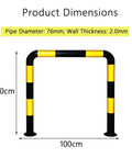 Heavy Duty Steel Machine Guard Rail System For Perimeter Protection And Garage Parking Aid In Yellow With Black High Visibility Stripes Indoor Outdoor Durable Safety Barrier For Cars And Equipment, U-shaped with dimensions