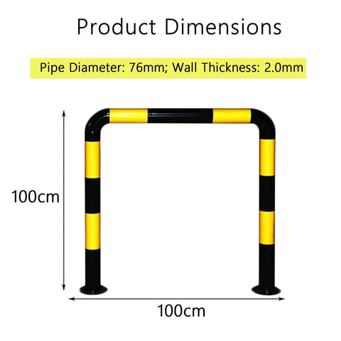 Heavy Duty Steel Machine Guard Rail System For Perimeter Protection And Garage Parking Aid In Yellow With Black High Visibility Stripes Indoor Outdoor Durable Safety Barrier For Cars And Equipment, U-shaped with dimensions