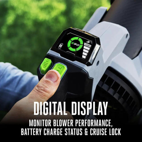Digital display on Cordless Leaf Blower With Turbo Mode, 880 CFM At 200 MPH, Beast Power, showing battery status and performance settings.