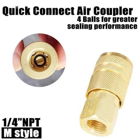 Brass Air Hose Fittings Quick Connect Coupler One Quarter Inch NPT Female Thread for Compressors, M Style, close-up view