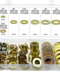 Front view of Swordfish 32850 SAE Grade 8 extra-thick flat washer assortment in clear case, gold-tone metal, 150 pcs