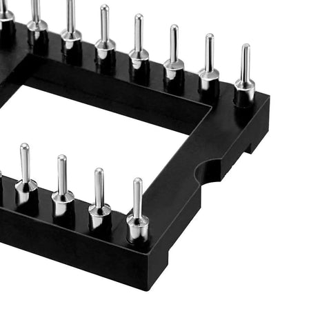 Close-up of a DIP IC Socket Adaptor Kit 28 Pin 2.54mm Pitch 15.24mm Row Spacing Double Row Plugs Plug And Play Ready Black And Silver Finish