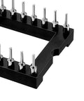 Close-up of Six Pack DIP IC Socket Adapters, 28 Pin Dual Row, 2.54mm Pitch, 15.24mm Row Spacing, soldering ready, black and silver tone.