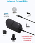 9V DC Power Supply 1A With Dual Barrel Plugs shown with compatible devices like mini fan, LED strip, camera, and router.