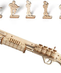 Dope 3D Wooden Gun Terminator M870 Model Kit Justice Guard DIY Puzzle Built For Adults And Hobbyists Gift Box Ready To Build With 170 Wooden Pieces And Easy Assembly, Perfect For Collectors And Wooden Craft Fans. 3D wooden gun model kit, assembled M870 replica, wood finish, display size