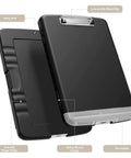Storage Clipboard Workhorse With Built In Paper Box And Pen Holder, 8.5 x 11 Organization Folio, black, showing features