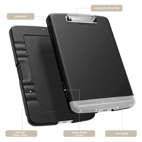 Storage Clipboard Workhorse With Built In Paper Box And Pen Holder, 8.5 x 11 Organization Folio, black, showing features