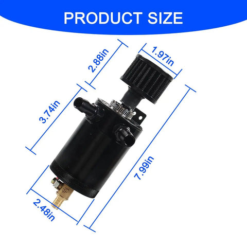 Beefy Aluminum Oil Catch Can Kit With Adapters And Drain Valve 2 Port Inlet Outlet Breather Filter, size dimensions shown